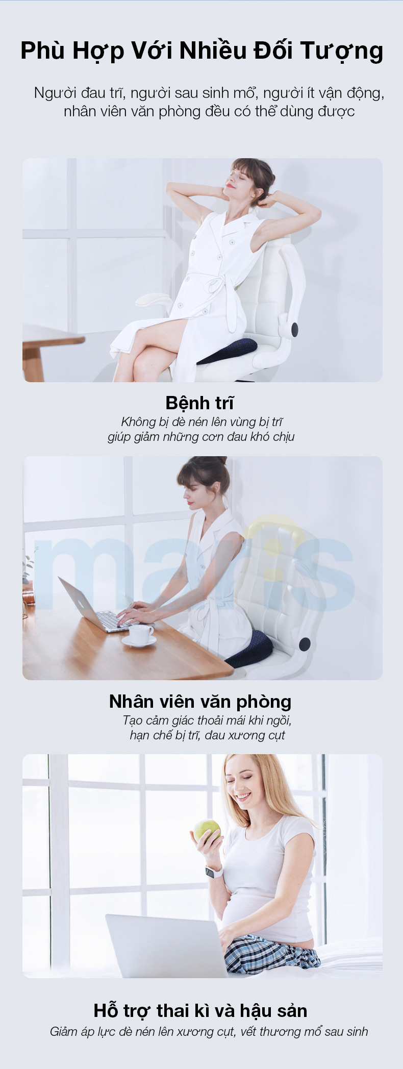 Đệm Lót Ngồi Văn Phòng, Xe Hơi Chống Trĩ Maris MR-503, Cao Su Non Memory Foam, Chống Trượt