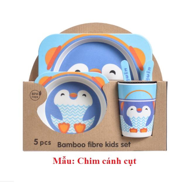 Bộ khay bát ăn dặm sợi tre hình thú - Set 5 chi tiết gồm khay, bát, cốc, thìa, dĩa cho bé tập ăn