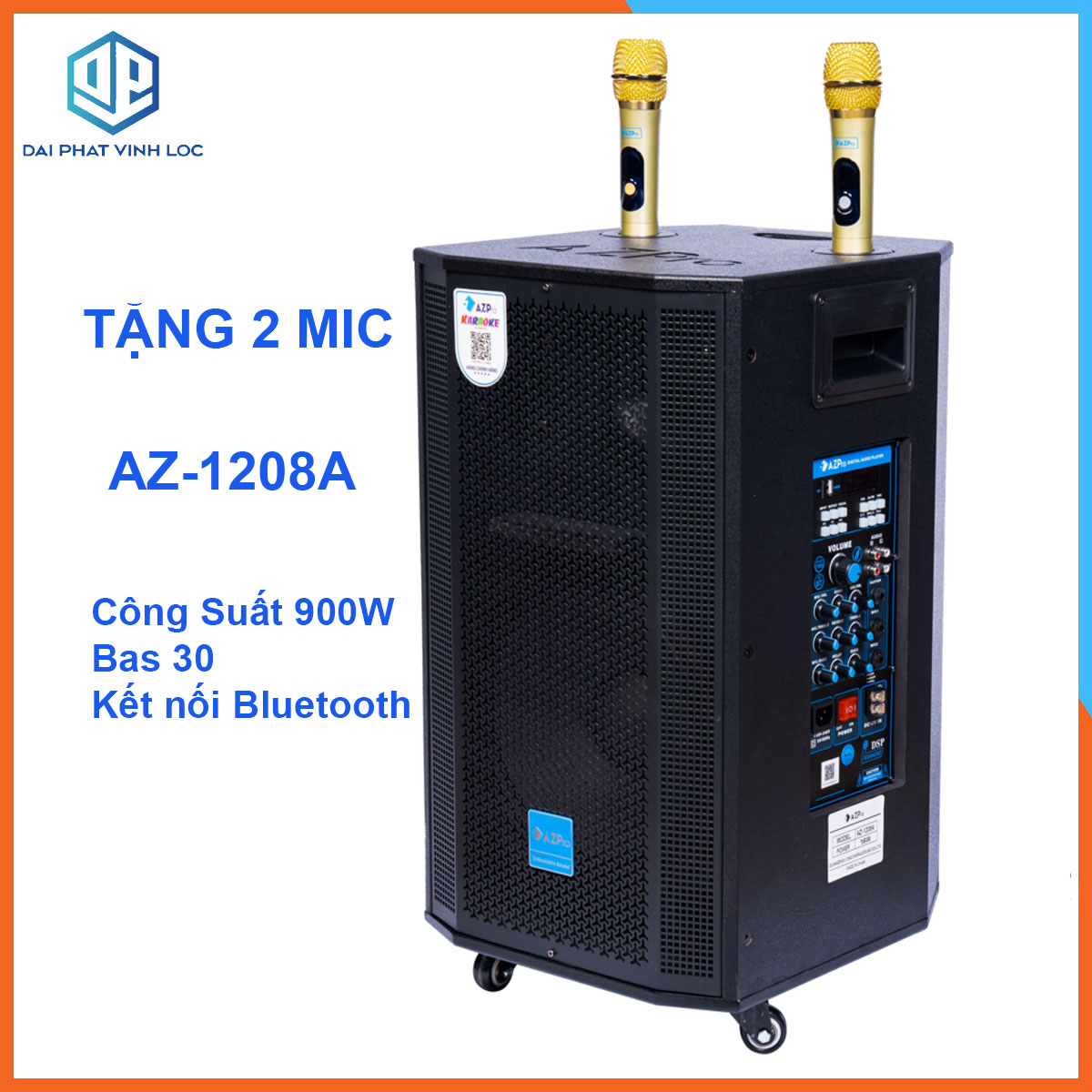 Loa kéo di động AZ-1208A Bas 30 (3 ĐT)/ Loa kéo karaoke công suất đỉnh 900W/ chống hú tốt/Âm thanh chuẩn tặng 2 micro | Loa Kéo Giá Rẻ Hát Karaoke Hay