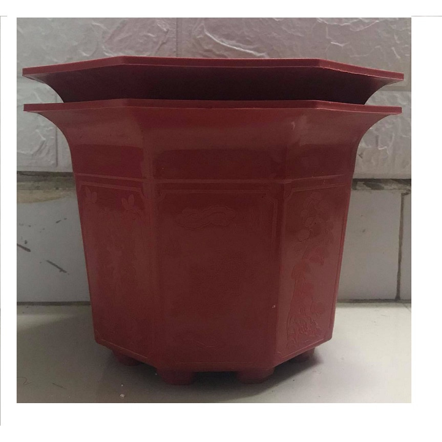 2 Chậu Nhựa Trồng Cây Hoa, Cây Cảnh Bát Giác Màu Đỏ Kích Thước 210x170