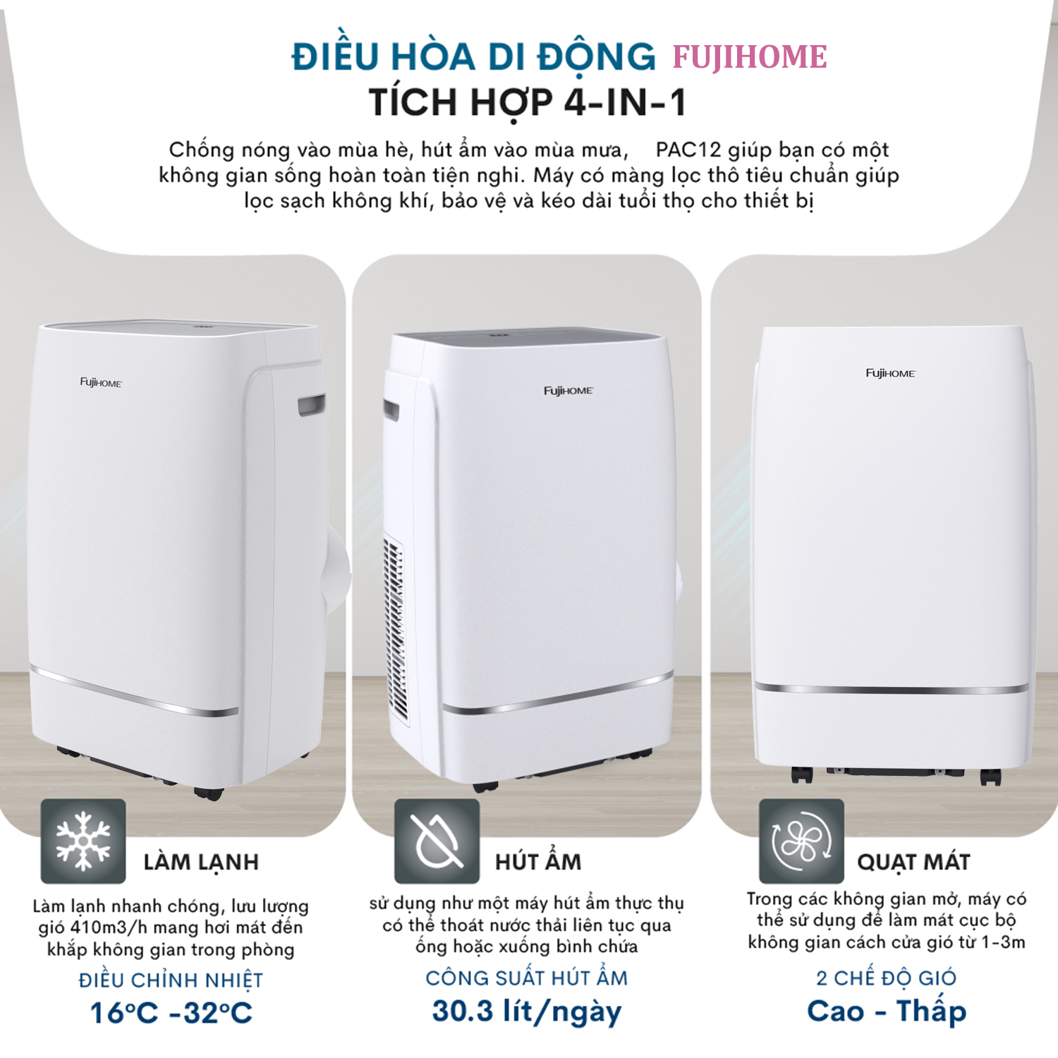 Hình ảnh Máy lạnh di động 12.000 BTU FUJIHOME PAC12, máy lạnh đứng di động mini kết nối Wifi điều khiển qua App, 4 chức năng, làm lanh, hút ẩm, lọc không khí, quạt - Hàng chính hãng