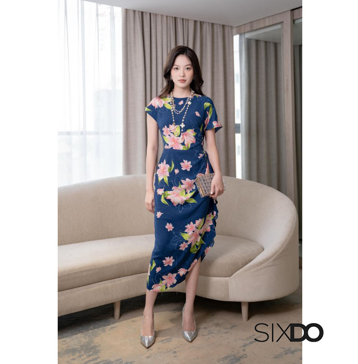 Đầm hoa woven nhún eo xẻ vạt thời trang SIXDO