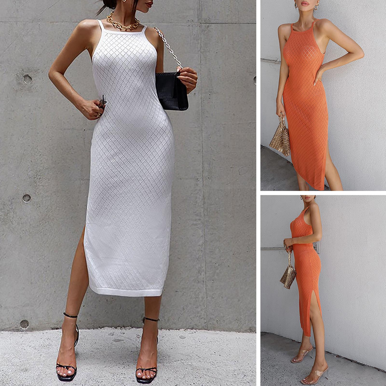 Sexy Women Solid Color Dress Strap Sleeveless High Waist Split Hem Party Nightclub Dress