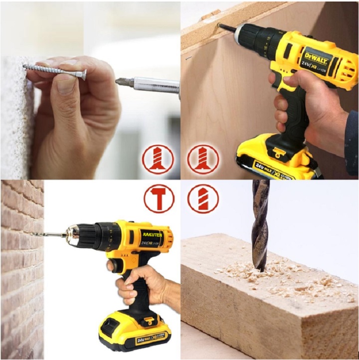 Bộ máy khoan pin RAKUTEN 24V khoan tường, khoan sắt, khoan bê tông máy 2 pin, đảo chiều và mũi khoan