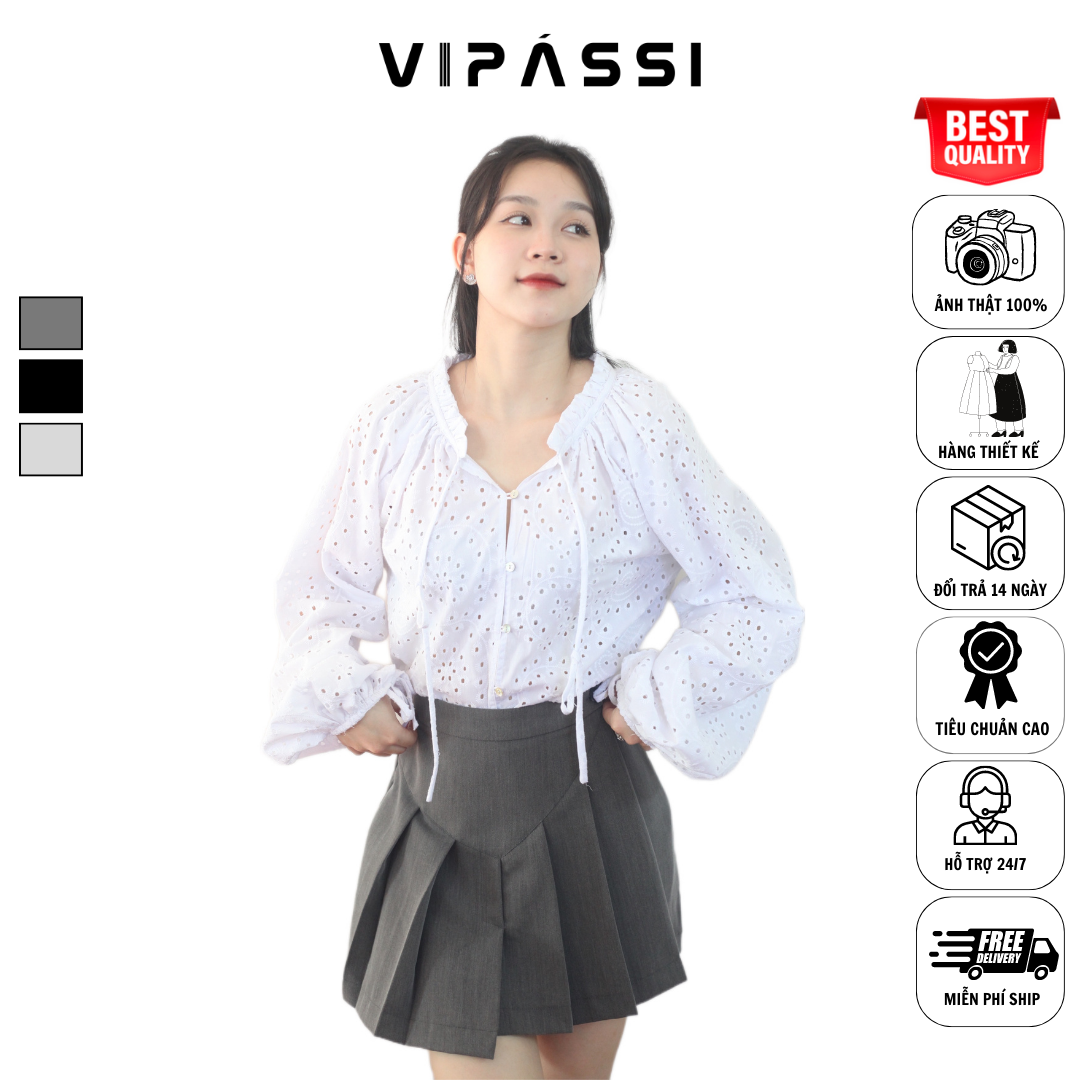 VIPÁSSI Váy tennis Xếp Ly 3 Màu Cotton Lưng Cao Xẻ Tà Đính Nút