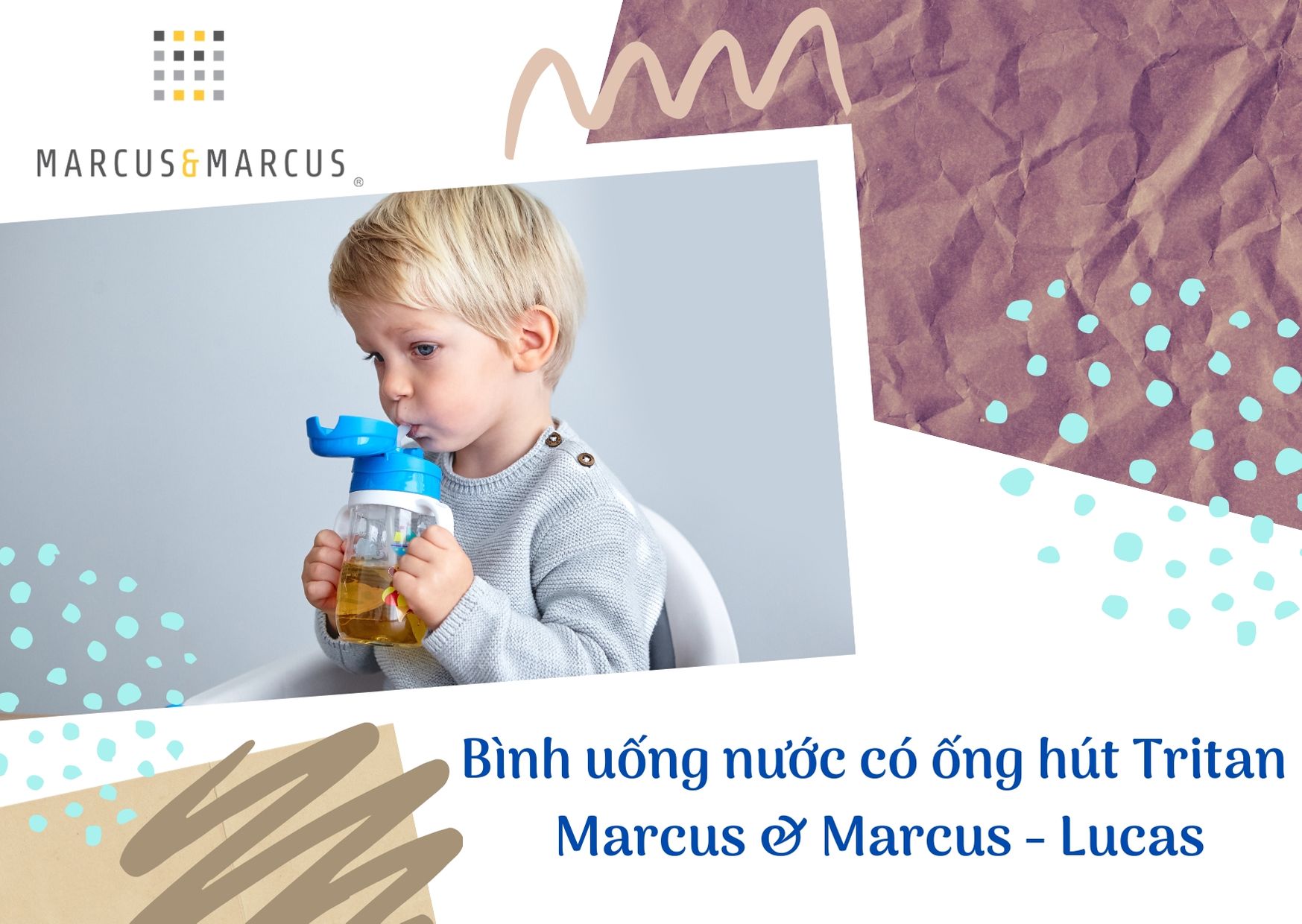 Bình uống nước có ống hút cho bé Tritan Marcus &amp; Marcus, từ 12 tháng - Lucas