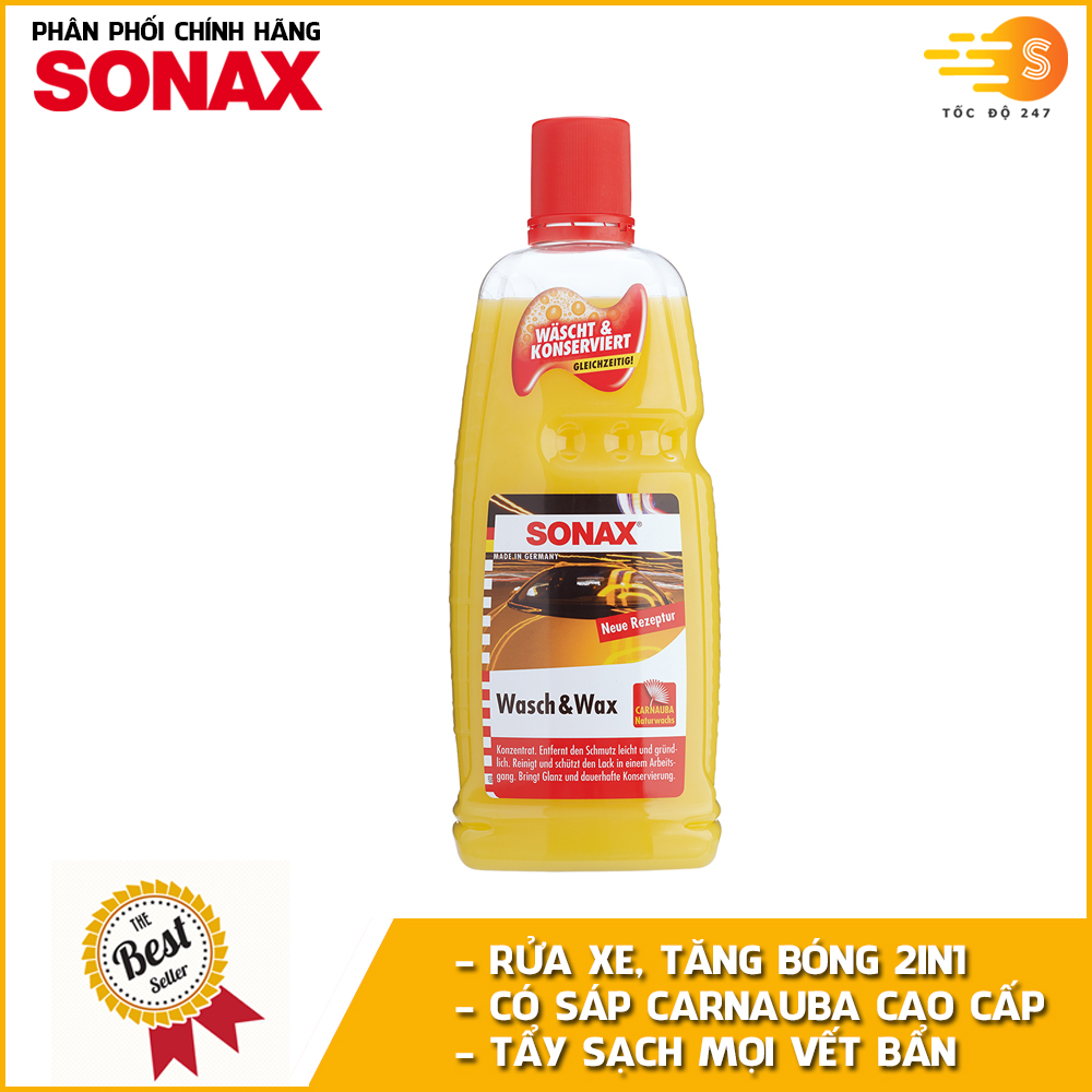 Xà bông rửa xe và tăng độ bóng sơn xe 2in1 Wash & Wax Sonax 313341 1Lit - Làm sạch bụi bẩn, bùn đất, dầu mỡ, dưỡng tăng độ bóng sơn