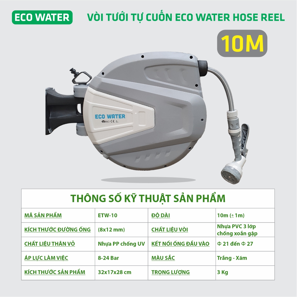 Vòi Tưới Cây Tự Thu Dây EcoWater Hosereel. Chiều dài 10m.Tính năng vào chậm chống rối.Thẩm mỹ - Hiệu quả - Bền hơn 5 năm.Tặng kèm đầu phun 9 cấp độ