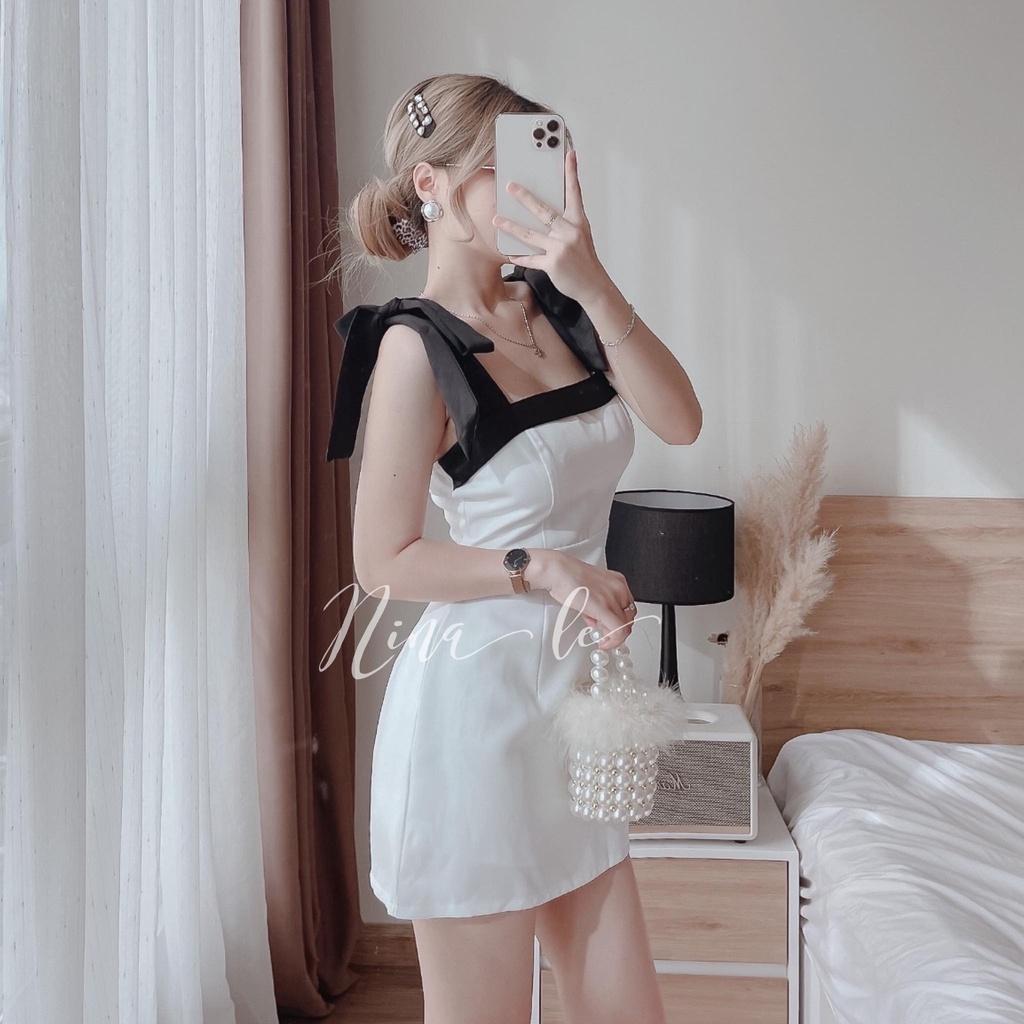 Đầm nữ cổ vuông hai dây nơ vai , màu sắc xinh xắn cho nàng dạo phố, dự tiệc