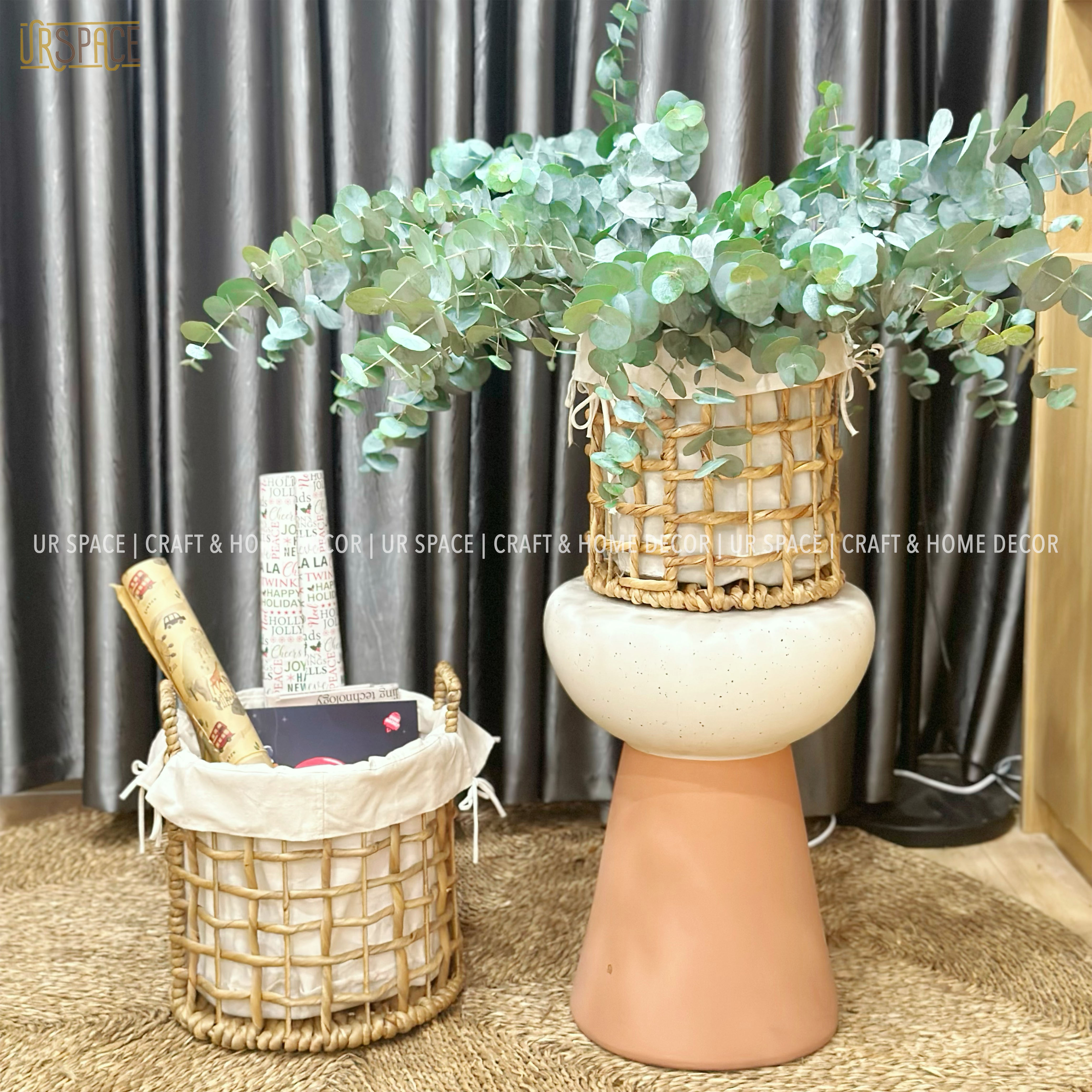 Giỏ lục bình URSPACE trồng cây decor trang trí, đựng quần áo giặt hình tròn có quai cầm / ROUND HYACINTH BASKET