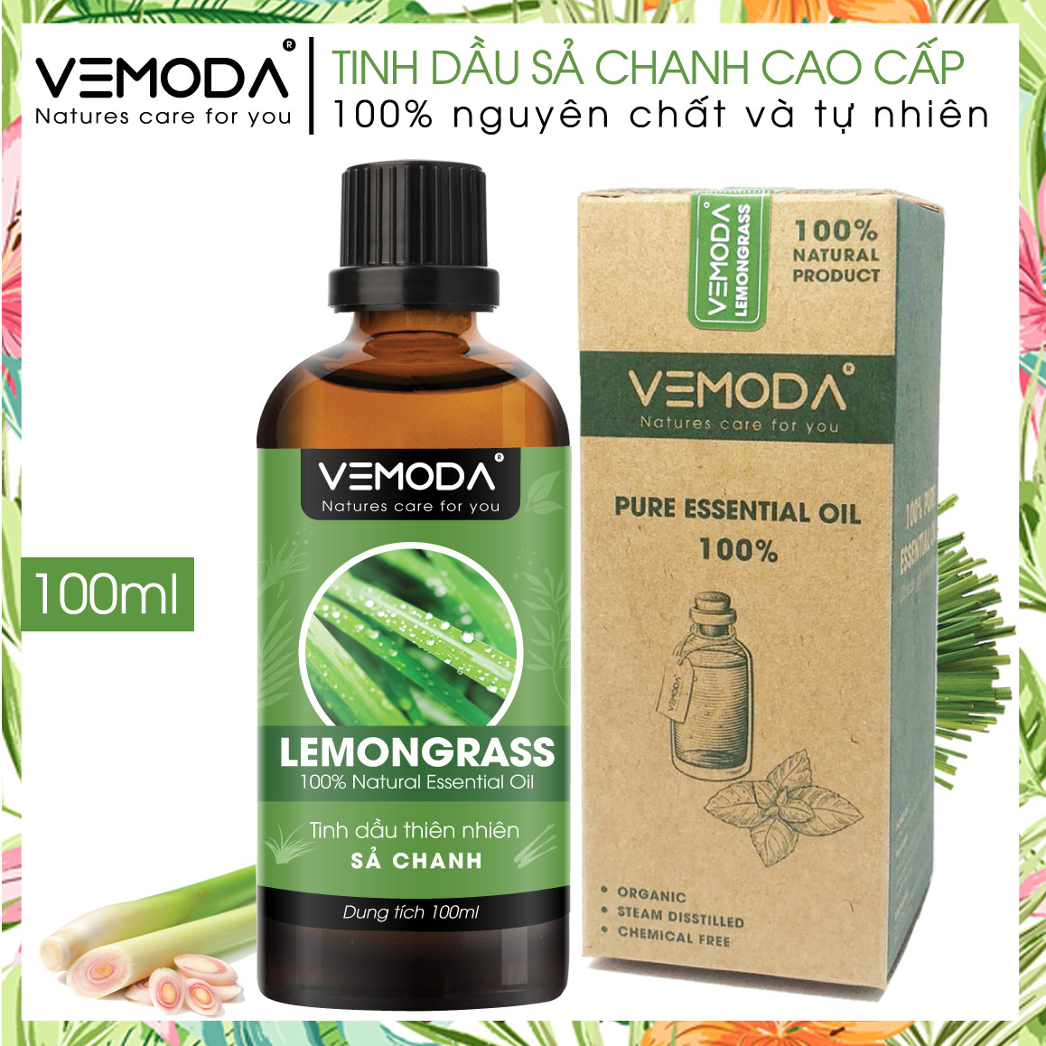 Tinh dầu Sả chanh cao cấp 100ML. Lemongrass Essential Oil. Tinh dầu xông phòng Vemoda giúp thanh lọc không khí, khử mùi, kháng khuẩn, đuổi muỗi, giải cảm, làm đẹp.