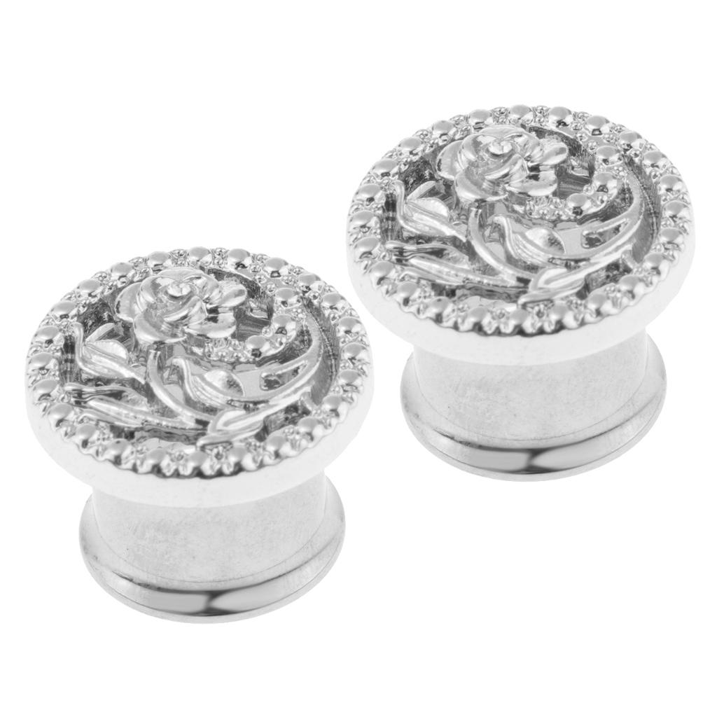 2 Pcs Fancy Silver Flower Ear Plug Tunnel Stainless Steel Ear Jewelry