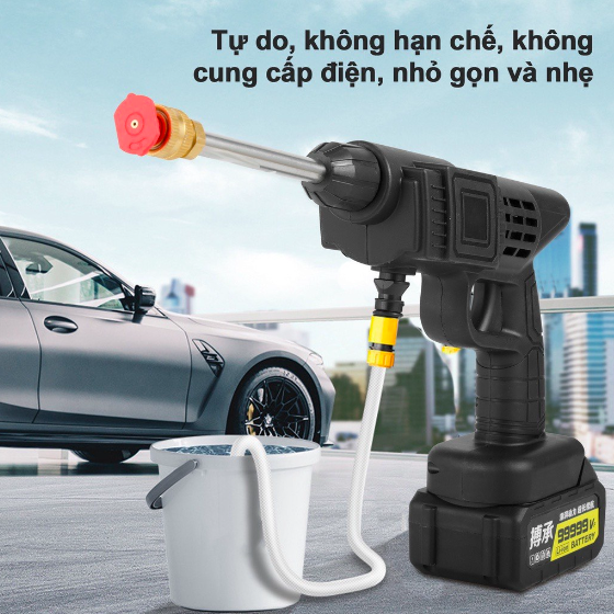 Máy Rửa Xe Xịt Rửa Cầm Tay Dùng Pin 24V Áp Lực Cao Phun Nước Đa Năng tặng bình tạo bọt