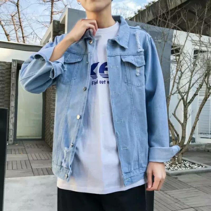 Áo khoác jeans trơn xanh có cúc và túi trong