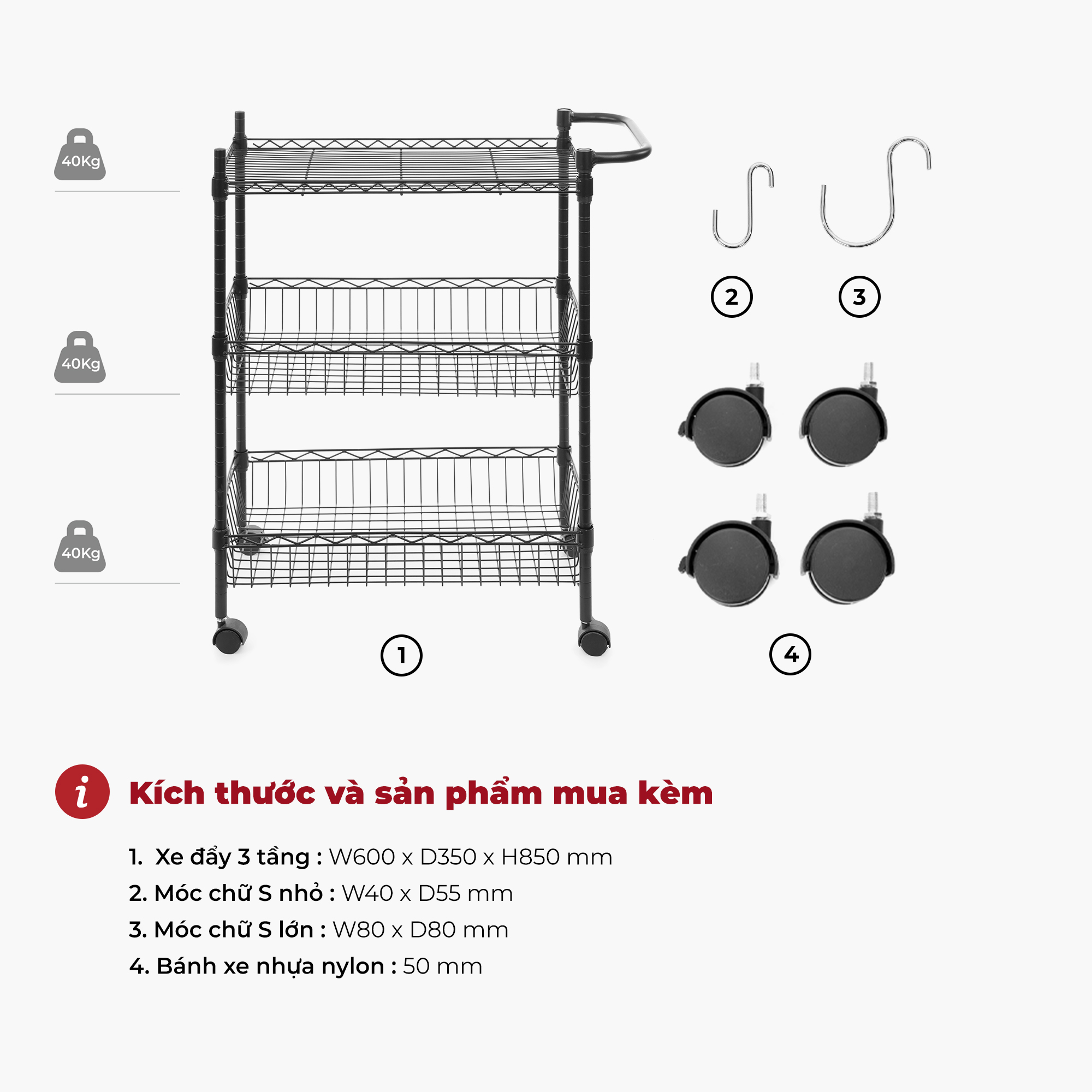 Kệ thép đa năng carbon có bánh xe đẩy 3 tầng dùng trong nhà bếp – màu đen – CJ-B1020B