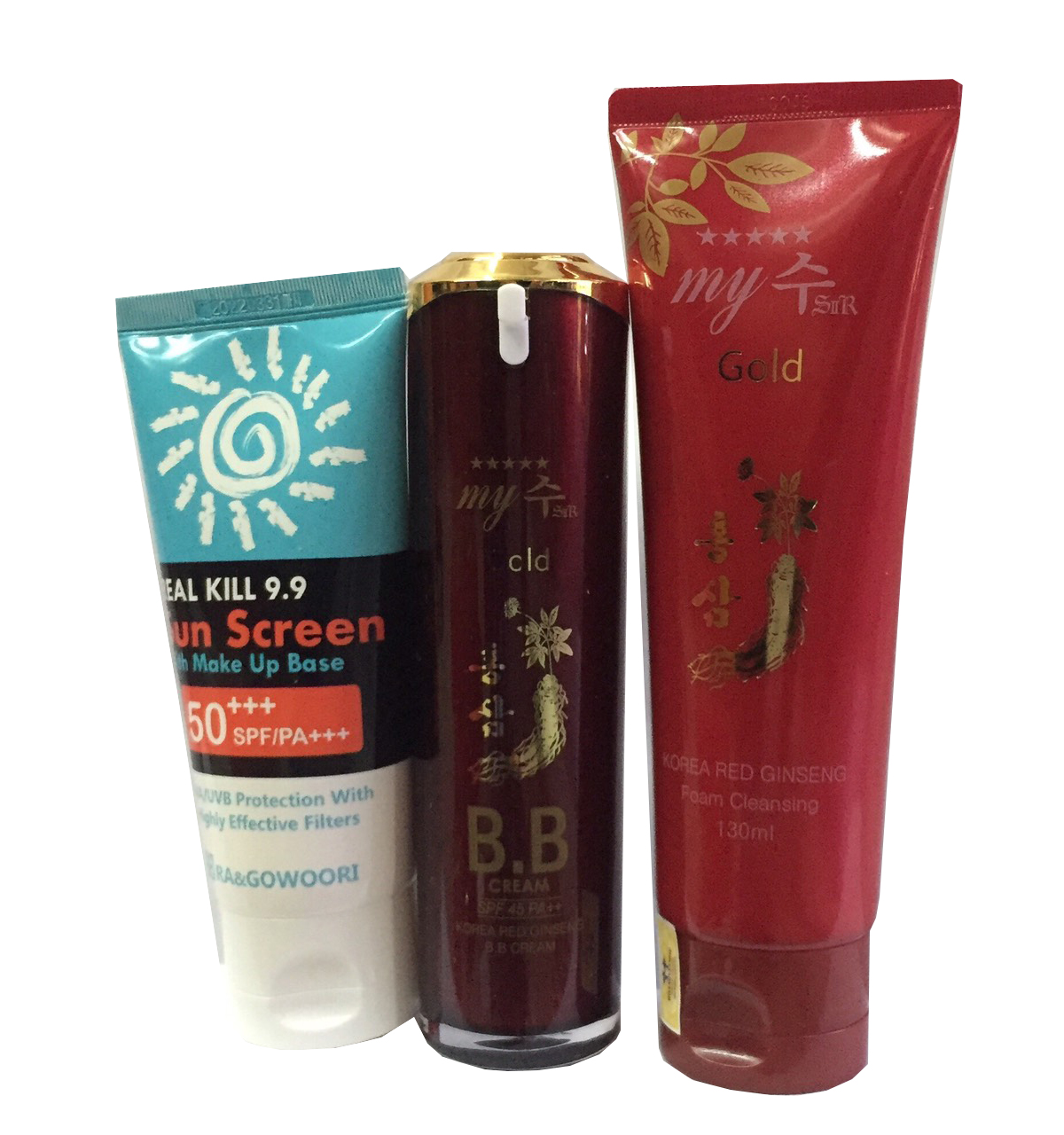 COMBO KEM CHỐNG NẮNG KIÊM KEM NỀN RA&amp;GOWOORI REAL KILL 9.9 (80ml), Kem Nền BB Sâm Đỏ My Gold-My SU S II R Red Ginseng B.B Cream (40ml), Và Sữa rửa mặt hồng sâm My Gold 130ml