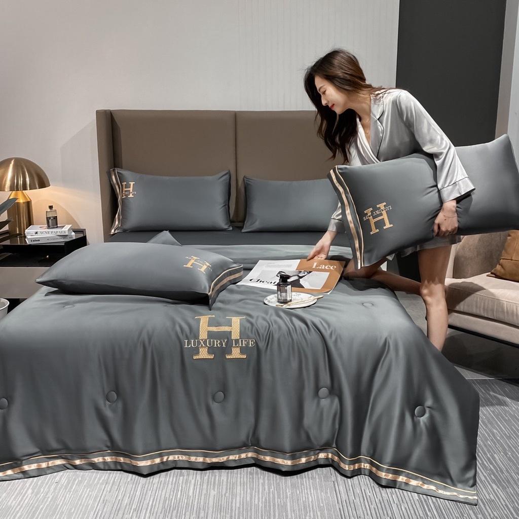 Bộ Chăn Ga Gối Lụa Thêu Chữ H LUXURY Set Chăn Ga Gối Lụa 4 Món Chăn Trần Hè