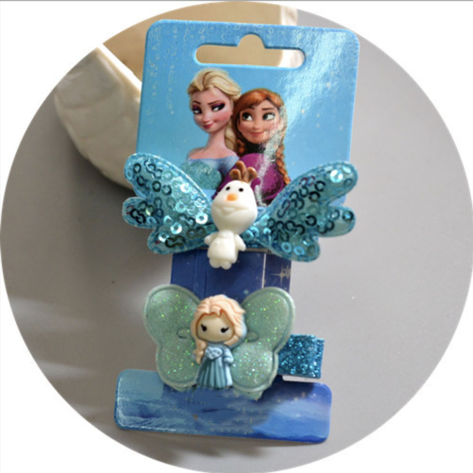 Kẹp tóc cho bé Frozen Elsa Anna hình cánh bướm Olaf đính kim tuyến - Combo 2 chiếc