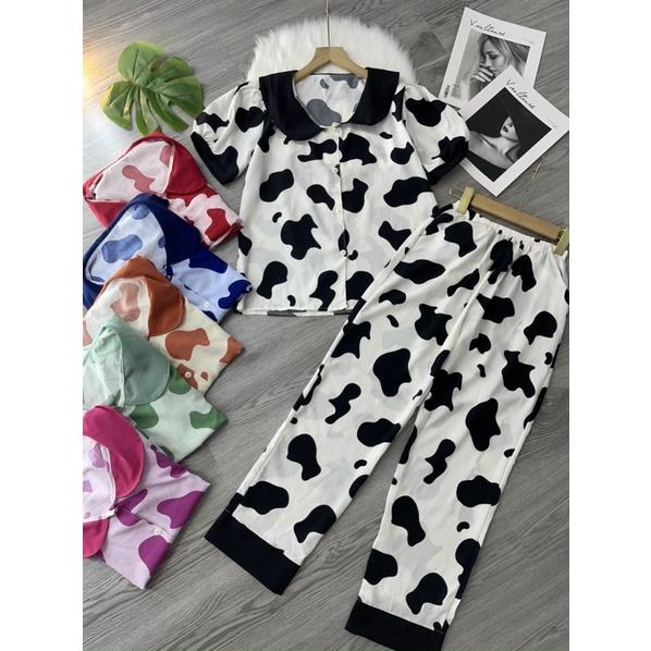 Bộ đồ pijama bộ lụa thiết kế quần dài hoạ tiết dễ thương mặc nhà chất mát mịn