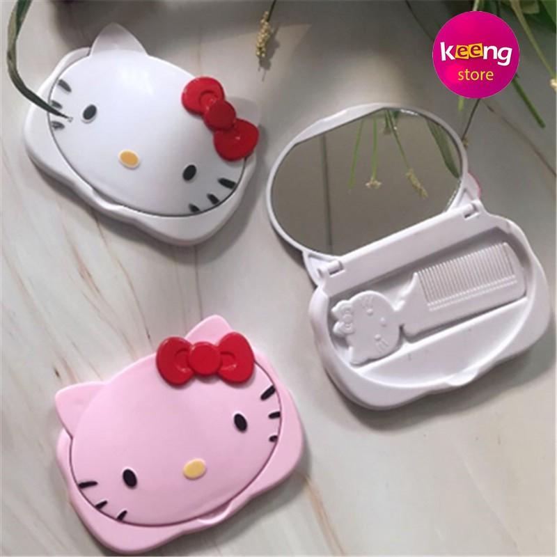 Gương trang điểm cầm tay Hello kitty kèm lược dễ thương