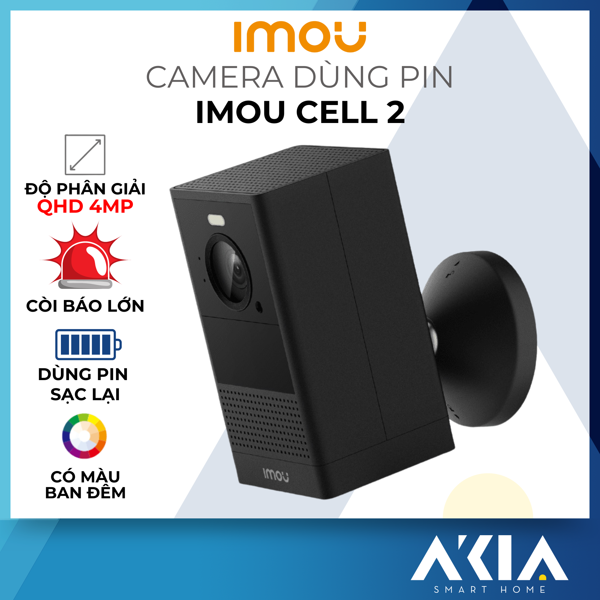 Camera wifi dùng pin Imou Cell 2 IPC-B46LP - Độ phân giải cao 4MP, có còi báo lớn, có màu ban đêm, đàm thoại 2 chiều - Hàng chính hãng