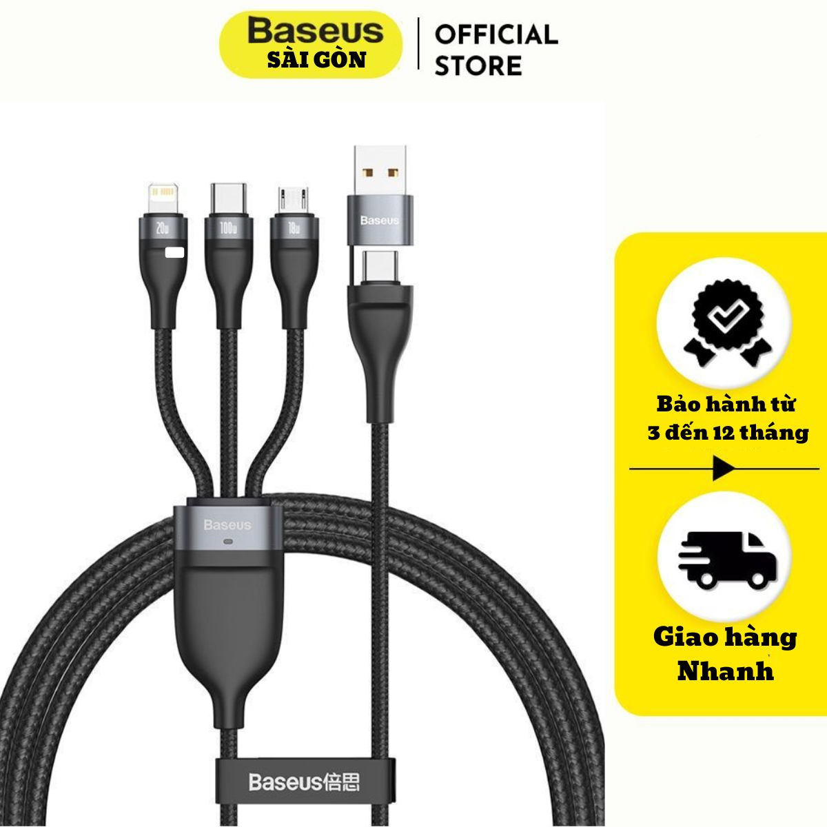 Cáp sạc nhanh 3 đầu CASS030101 Baseus Flash Series Ⅱ PRO Two-for-three Charging Cable U+C to M+L+C 100W, 1.2m- Hàng chính hãng