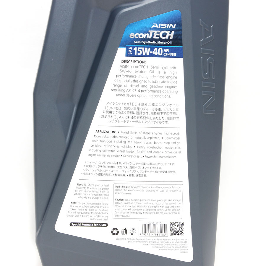 Nhớt Động Cơ AISIN ECSF1541P 15W-40 CF4 / SG Econtech+ Semi Synthetic 1L