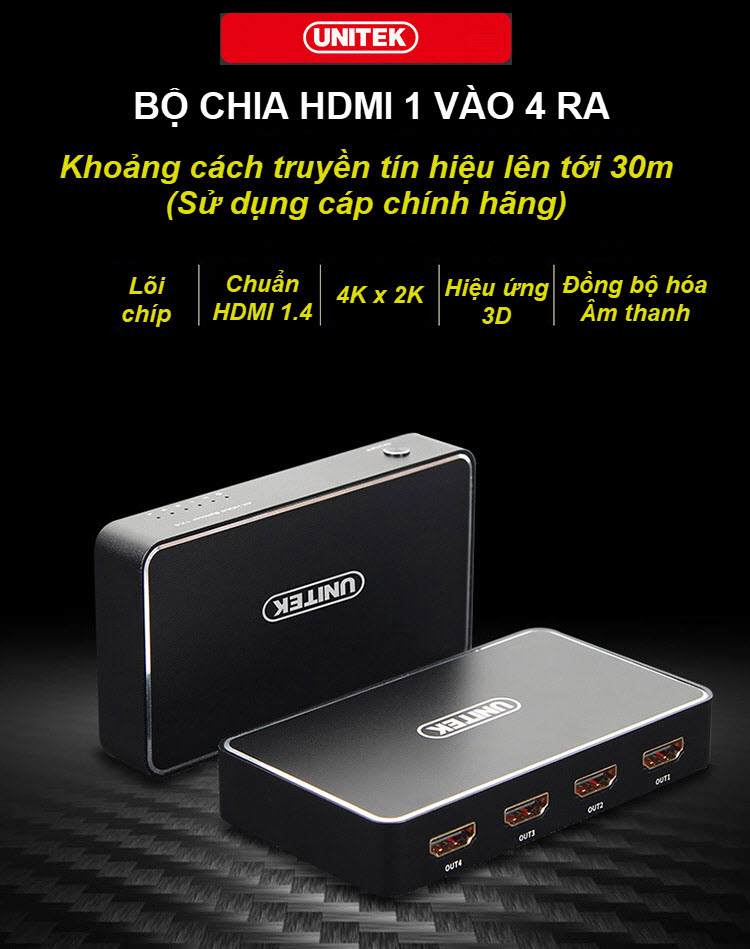 Unitek V109A - Bộ Chia HDMI 1 ra 4 Độ Phân Giải 4K HD Hỗ Trợ 3D Khoảng Cách Truyền Lên Tới 30m Kèm Nguồn AnZ - Hàng Chính Hãng