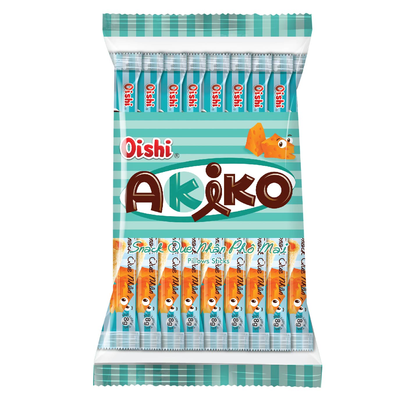 Combo 10 gói Oishi Snack Que Nhân Phô Mai Akiko (160g/gói/20 que)