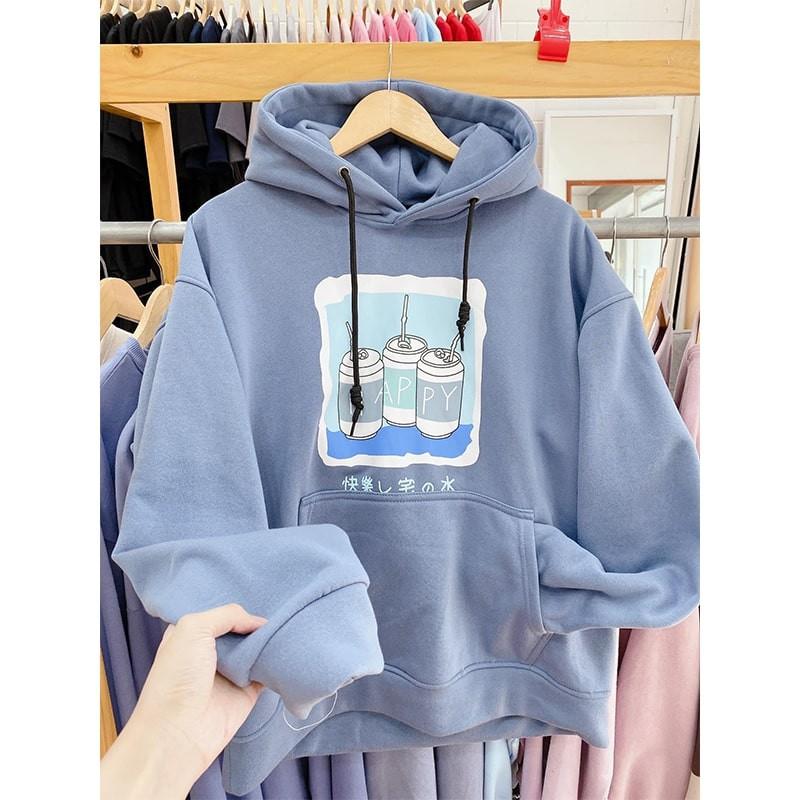 Áo Hoodie Chống Nắng THIFU FASHION In Hình Lon Nước HAPPY Nón 2 Lớp Chất Liệu Thun PE Cho Nam Và Nữ Dưới 70kg