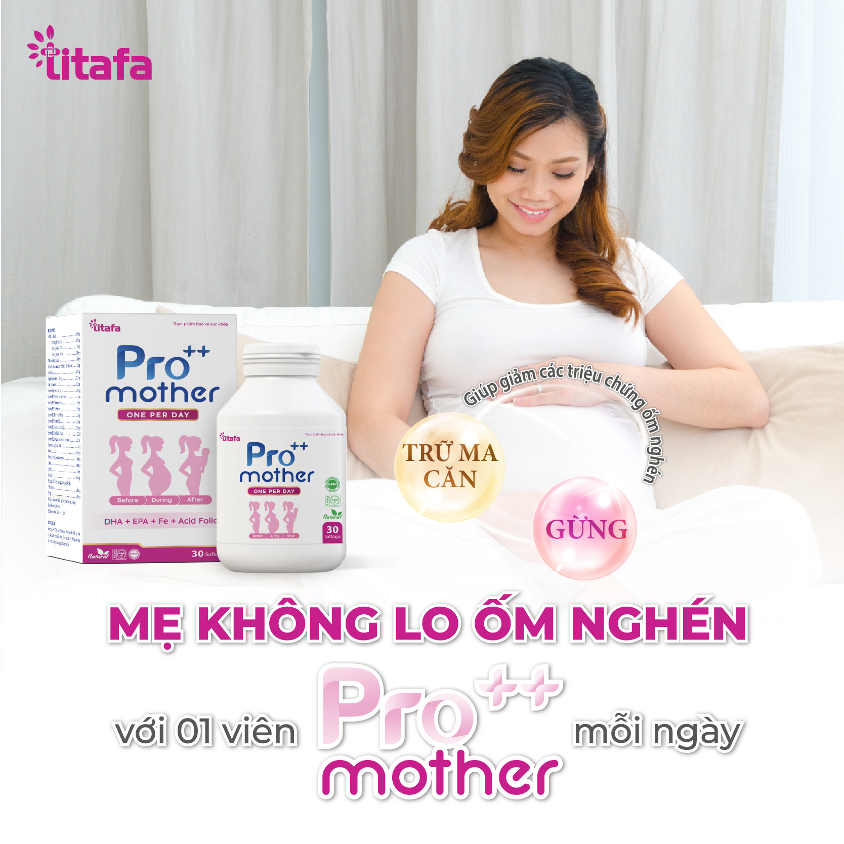 Viên uống bổ bầu PRO++MOTHER  - Bổ sung vitamin và khoáng chất cho phụ nữ trước, trong và sau mang thai [Chính hãng TITAFA] 