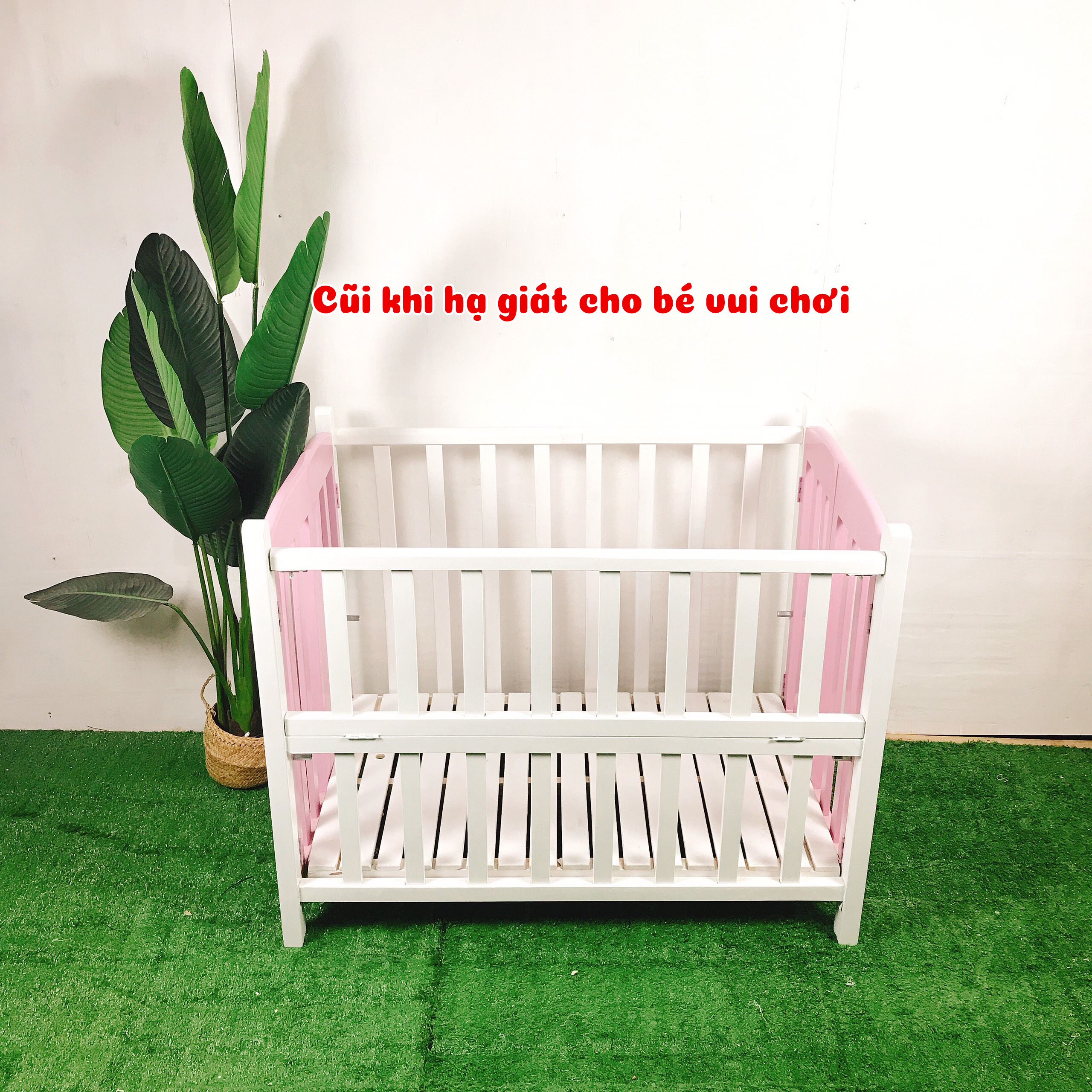Giường cũi Gỗ Quế Màu Trắng Hồng Cho Bé Kích Thước Chịu Tải Tới 60kg Dùng Cho Bé Tới 4 Tuổi Tặng Bánh Xe