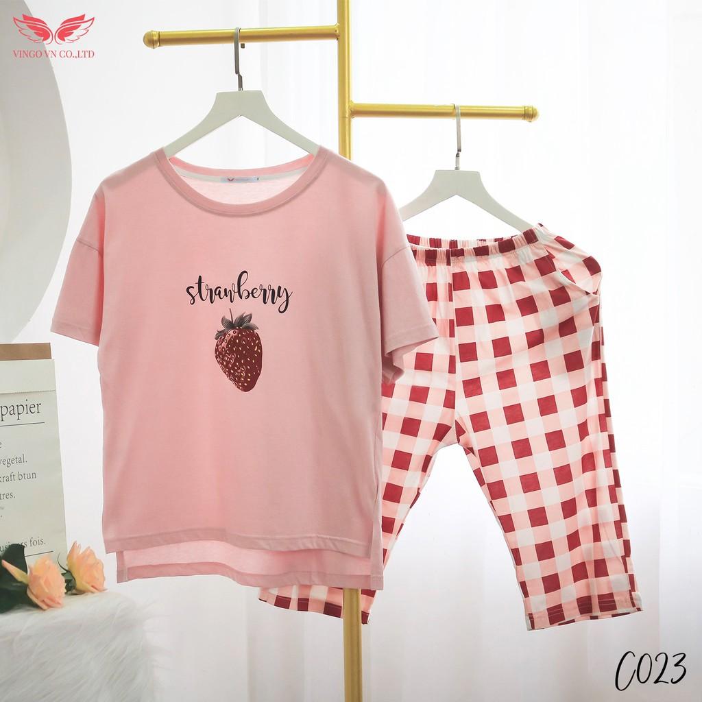 VINGO Bộ Ngủ Mặc Nhà Nữ Cotton Mùa Hè Mát Thoáng Khí Kiểu Tay Cộc Quần Lửng Họa Tiết Quả Dâu Màu Hồng C023 VNGO - TCQL