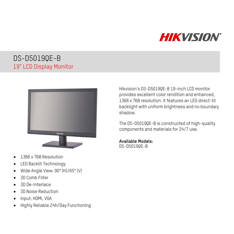 LCD Hikvision DS-D5019QE-B (19 inch) - Hàng chính hãng