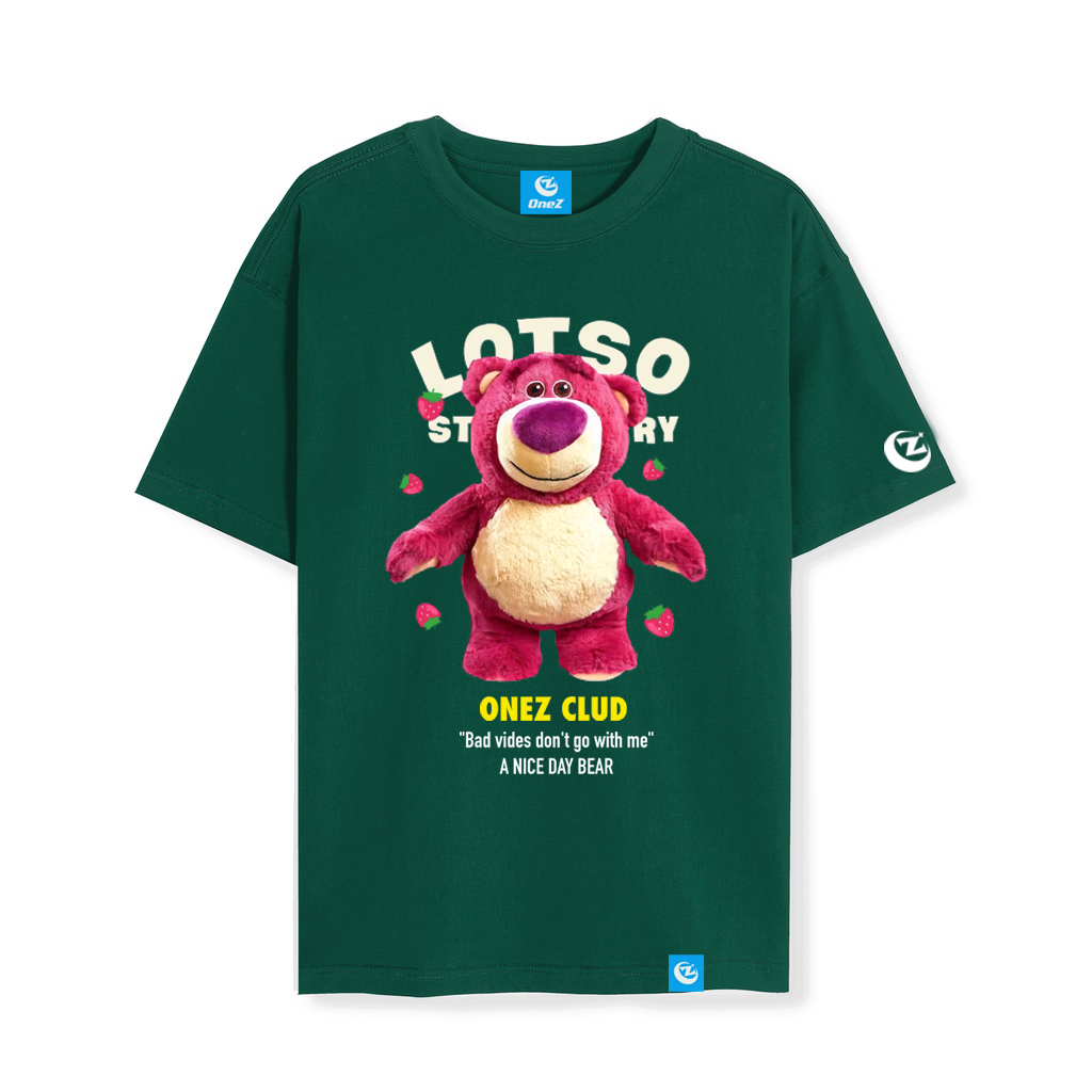 Áo thun gấu hồng dâu nữ form rộng tay lỡ Gấu Lotso ONEZ Premium 100% Cotton định lượng 250gsm