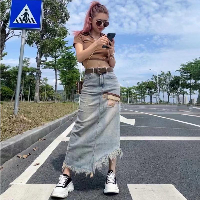 Chân Váy Denim Dài Lưng Cao Xẻ Tà Thời Trang Dành Cho Nữ