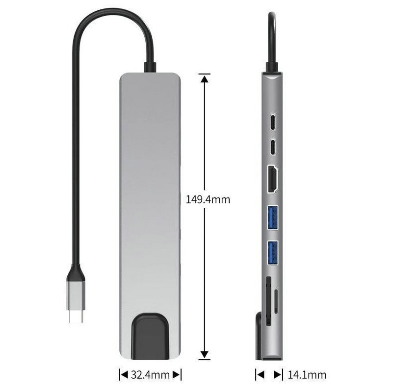 Bộ chuyển đổi 8 trong 1 eXtreme HL6101 HUB Type C sang HDMI Type-C sang USB 3.0 Ethernet Đầu đọc thẻ Micro SD Truyền dữ liệu - Hàng chính hãng