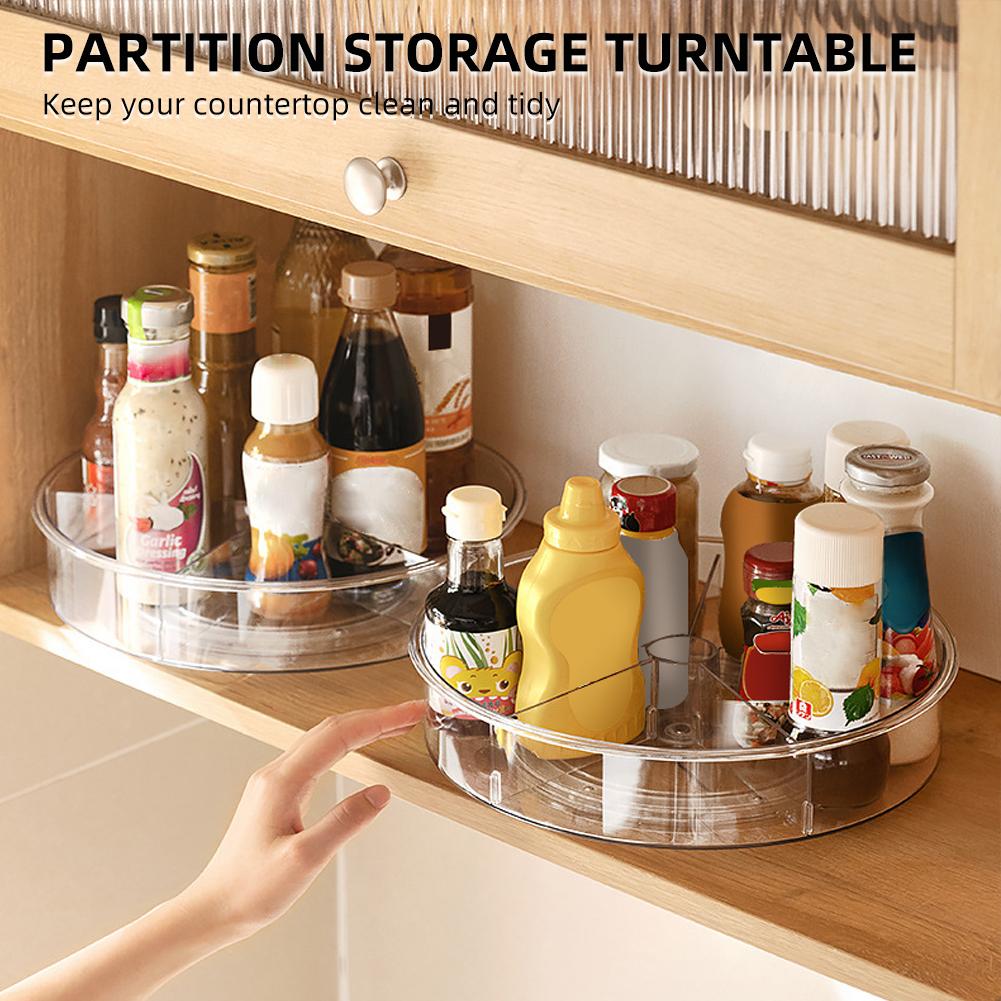 Transparent Storage Turntable with Removable Partitions PET Clear Rotating Turntable Organizing and Storage Boxes
