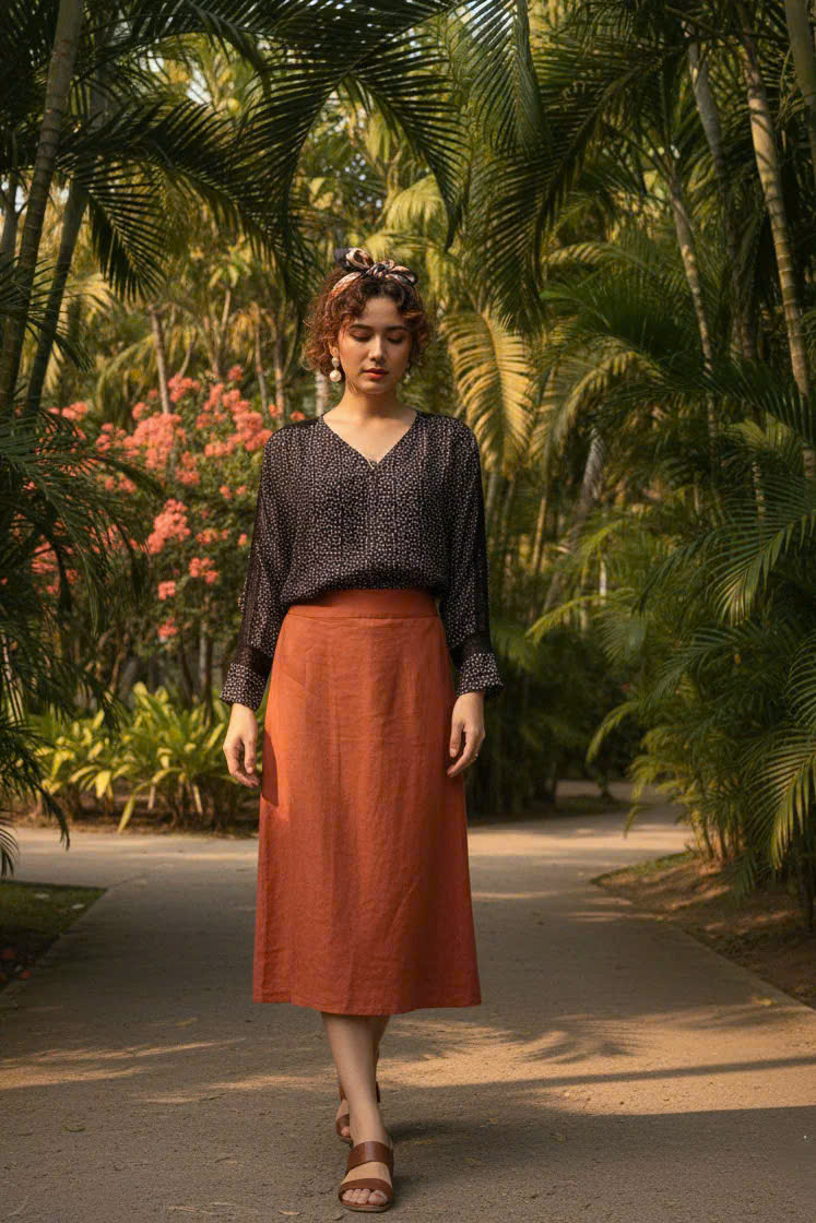 Váy Midi Linen, Váy Dài Linen Cam Gạch SKI055 thời trang thiết kế Hity