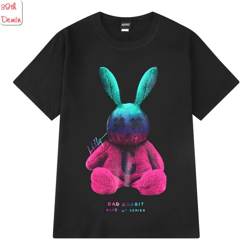 Áo thun tay lỡ HEYBIG COTTON BAD RABBIT dáng unisex NAM NỮ form châu á in hình thỏ tinh nghịch phong cách Hàn Quốc