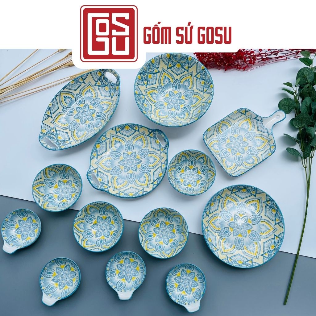 Bộ chén dĩa set bát đĩa decor chén đĩa sứ ăn cơm cao cấp họa tiết thổ cẩm 13 chi tiết