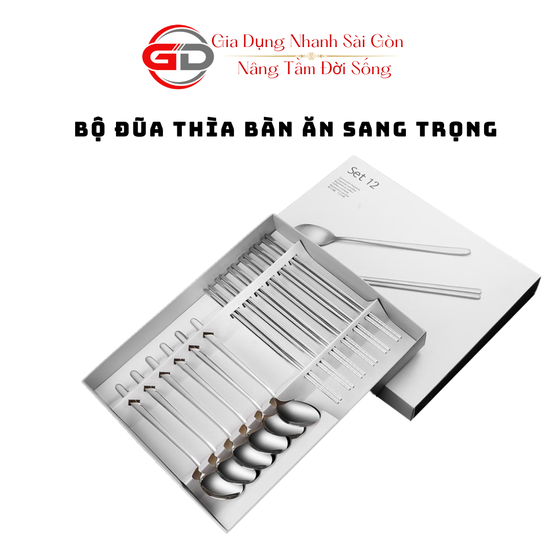 Set 6 Bộ Đũa Thìa Muỗng Inox Chống Trơn Cao Cấp, Gồm Bộ 6 Đôi Đũa 6 Muỗng Bộ Đồ Dùng Bàn Ăn Kèm Hộp Sang Trọng