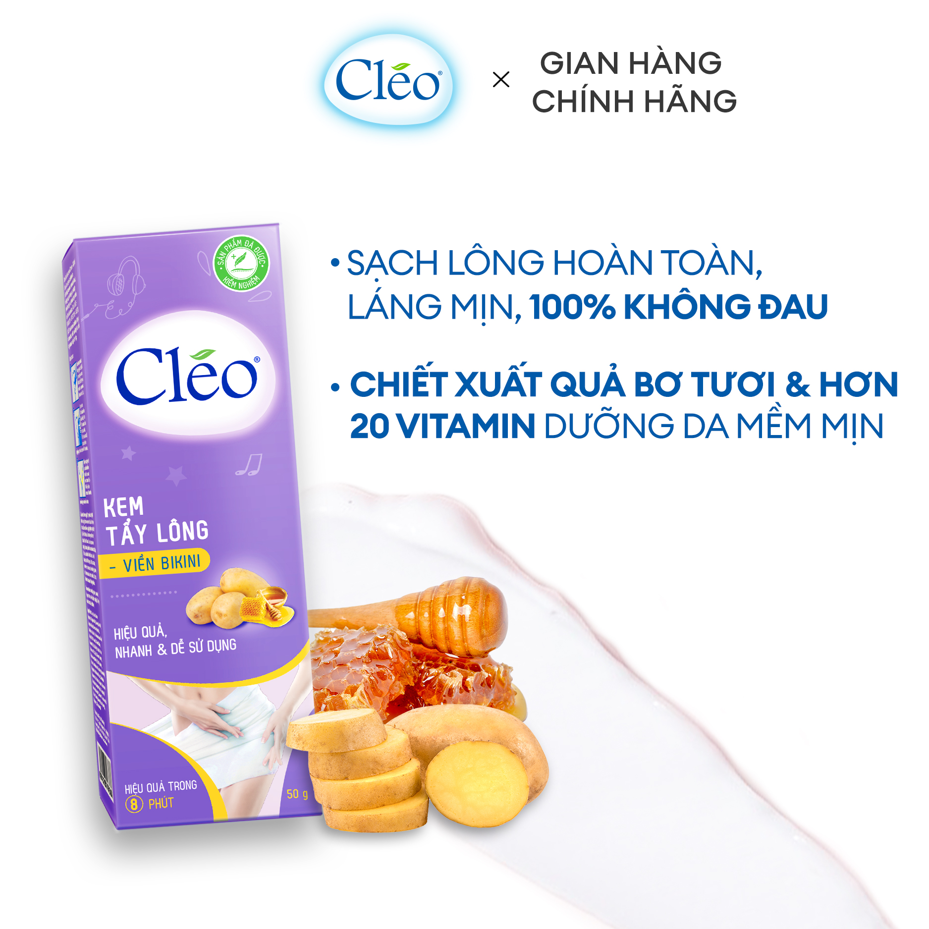 Combo tẩy lông Bikini Cléo 50g, an toàn không đau, hiệu quả trong 8 phút và gel dưỡng ẩm mịn da Cléo 50g