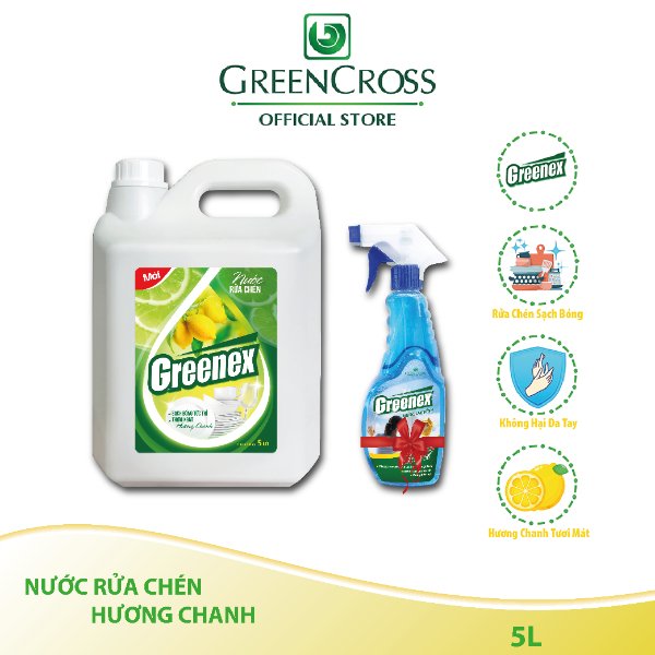 NƯỚC RỬA CHÉN GREENEX HƯƠNG CHANH TƯƠI - CAN 5L Tặng thêm 1 chai lau kính Greenex 500ml