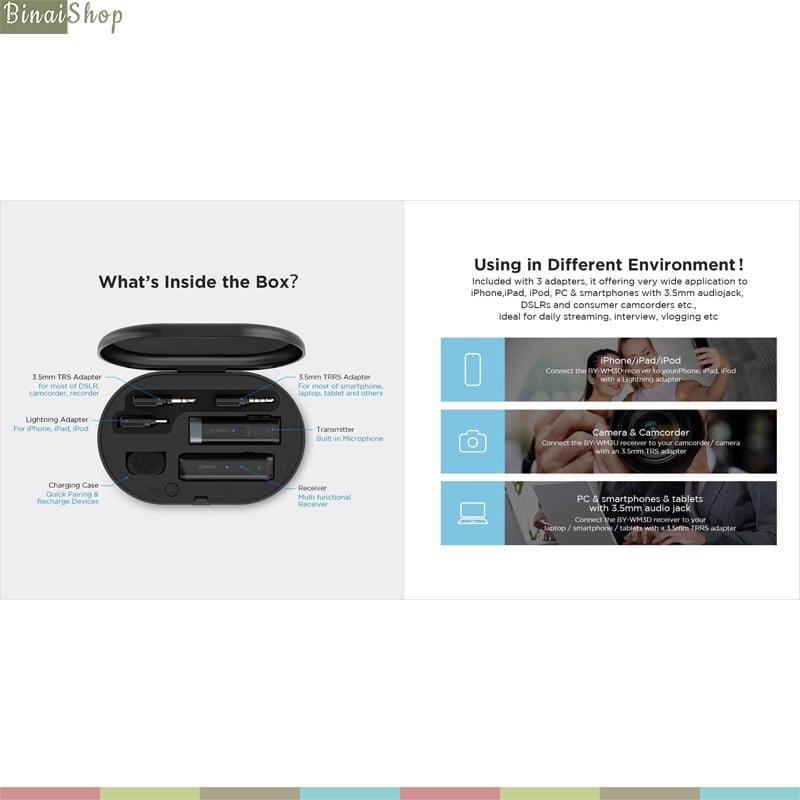 Boya BY-WM3D / BY-WM3U - Micro Thu Âm Không Dây True-Wireless Cho Các Thiết Bị IOS, Android Smartphone, Cameras (2.4 GHz)- Hàng chính hãng
