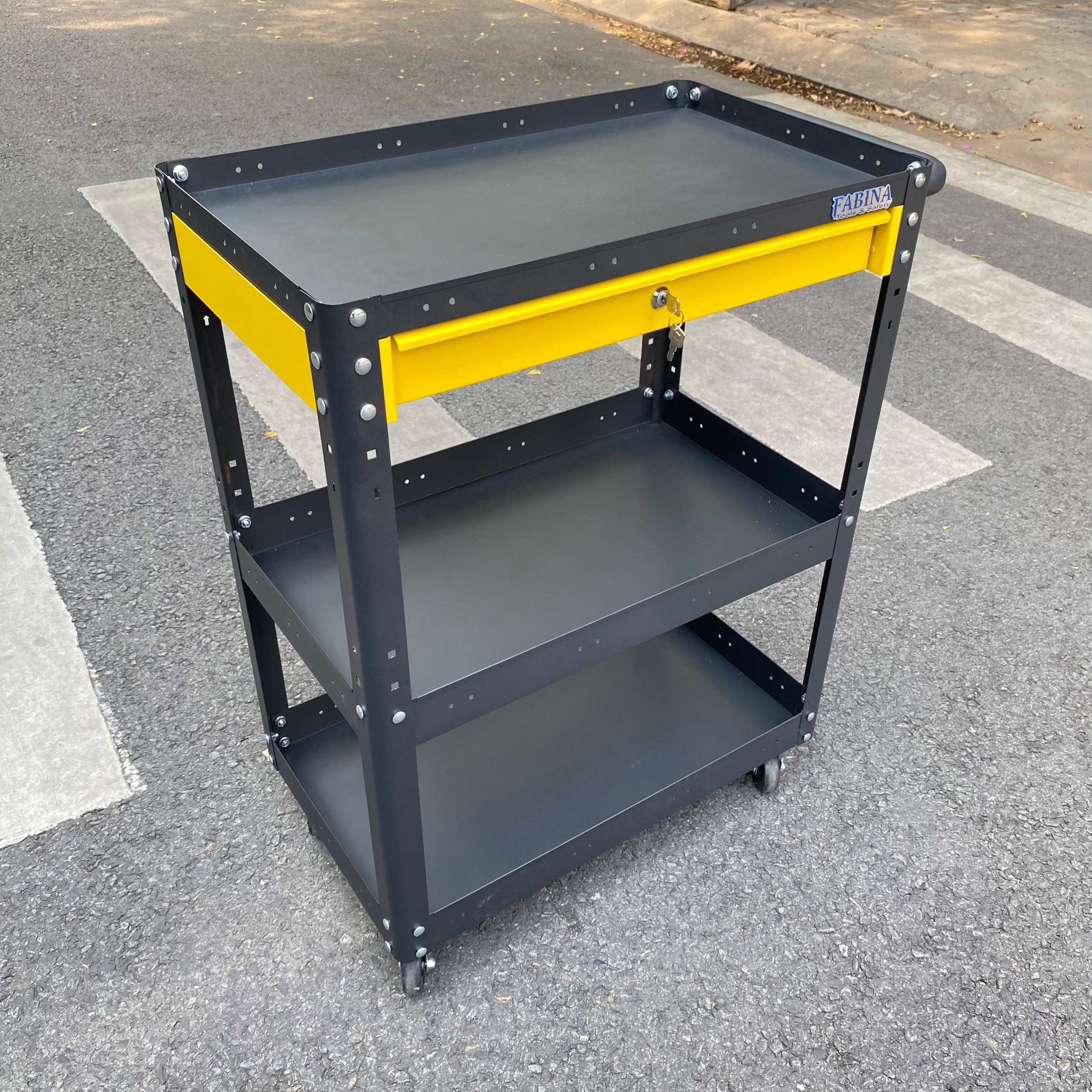 Xe đẩy 3 tầng cao 980mm màu đen hộc kéo vàng