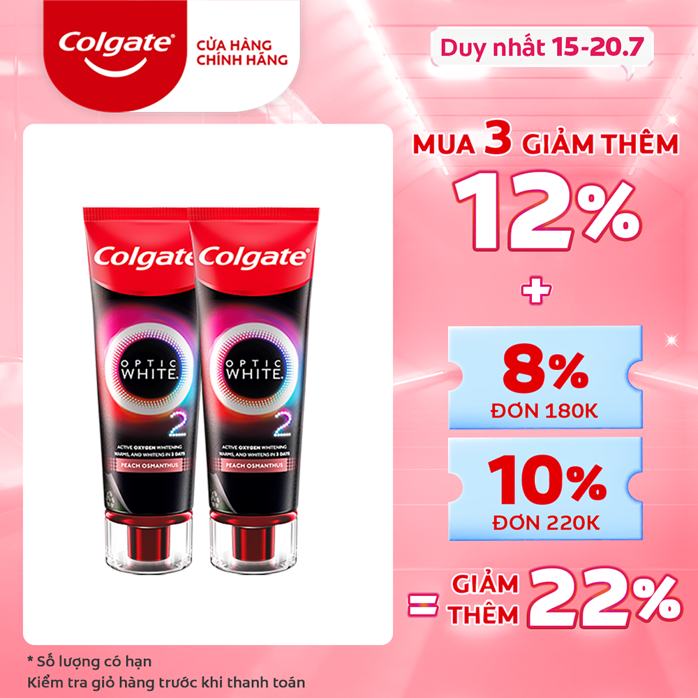 Bộ 2 Kem Đánh Răng Colgate Optic White O2 Oxy Hoạt Tính trắng răng 3 ngày 85g Hương đào