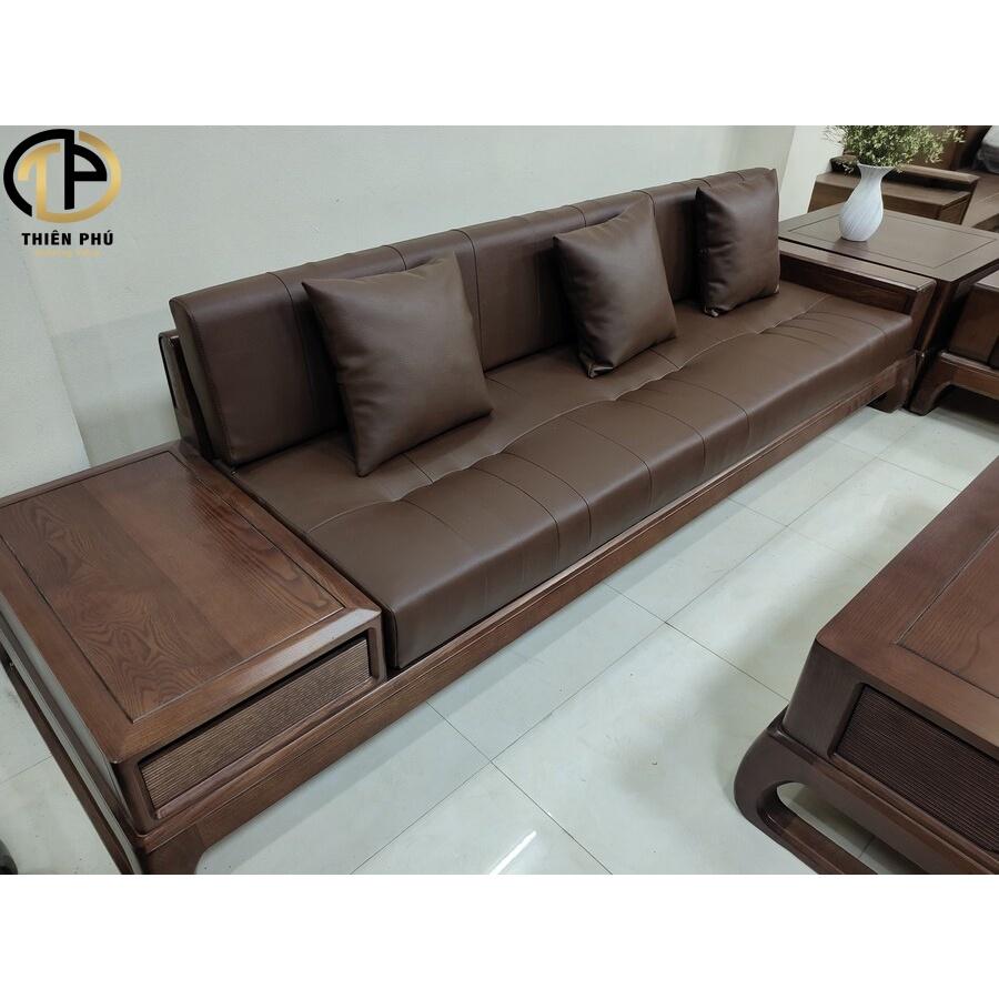 Hàng Kỹ - Sofa Văng Đại Gỗ Sồi Chữ U Mã TP-177, Gỗ Sồi Nga Màu Óc Chó, Đệm mút K43, Da Microfiber Giá Tại Xưởng