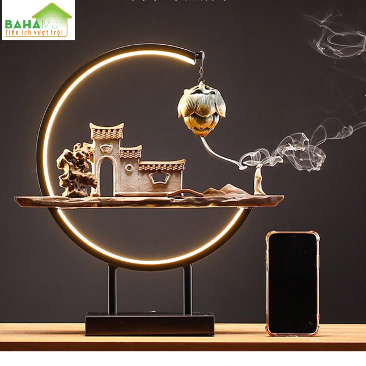 ĐÈN LED ĐỐT HƯƠNG TRẦM TREO NGƯỢC TẠO DÒNG CHẢY THÁC KHÓI HUYỀN ẢO "BAHAMAR" đốt nụ trầm tạo không khí trong lành, tâm trạng tĩnh tại, làm giảm bớt lo lắng, v. v...