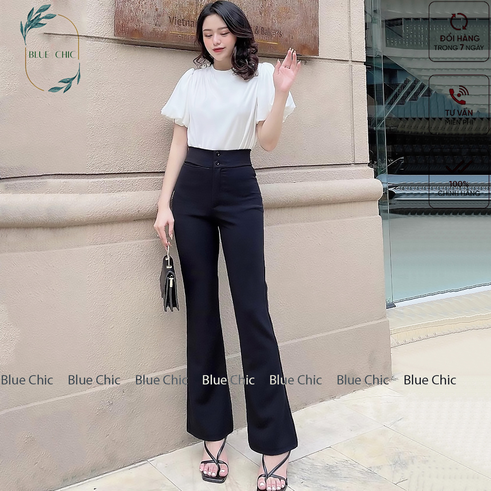 Quần ống rộng Blue Chic lưng cạp cao 2 cúc baggy vải nữ dài suông loe culottes màu đen